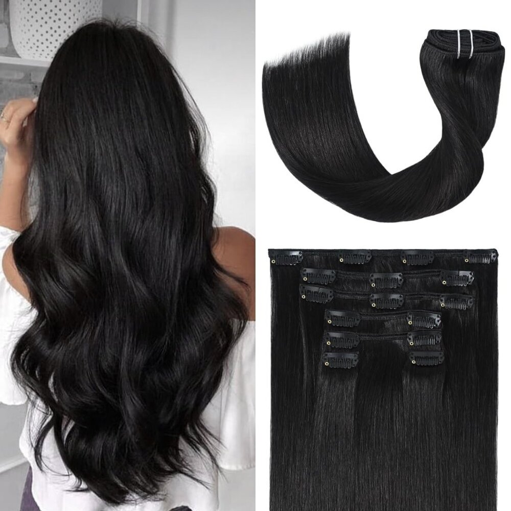 Black Human Hair Extensions Clip In Natural Black 22 Inches 7pcs